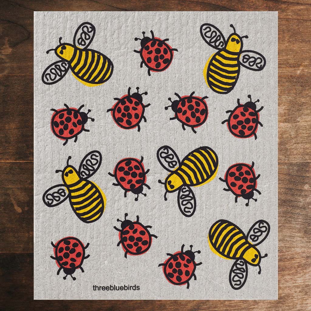 Grey Swedish Dishcloth Bees and Bugs Pattern Front Side Eco-Friendly
