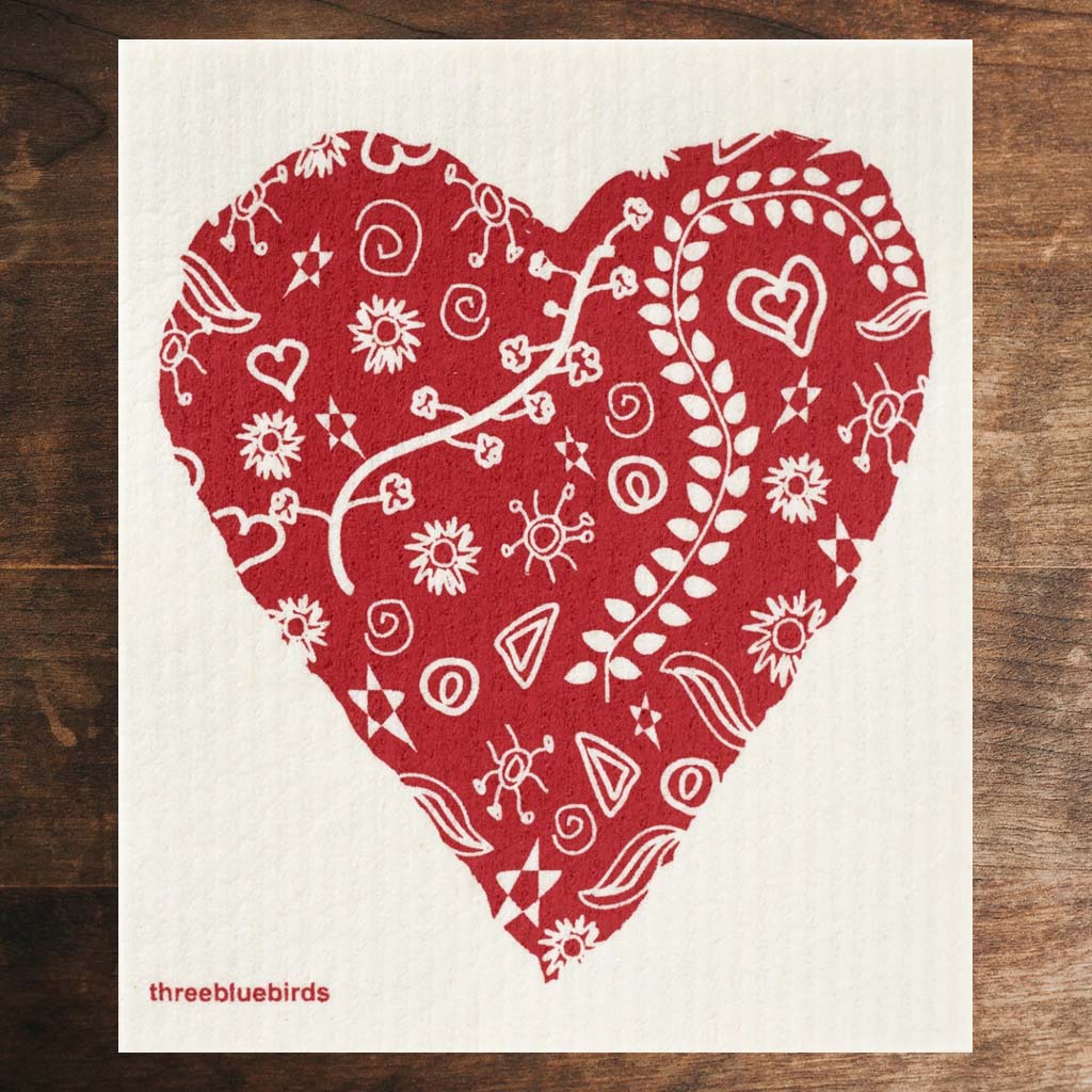 White Swedish Dishcloth with Big Red Heart and Flora Pattern Front Side Eco-Friendly