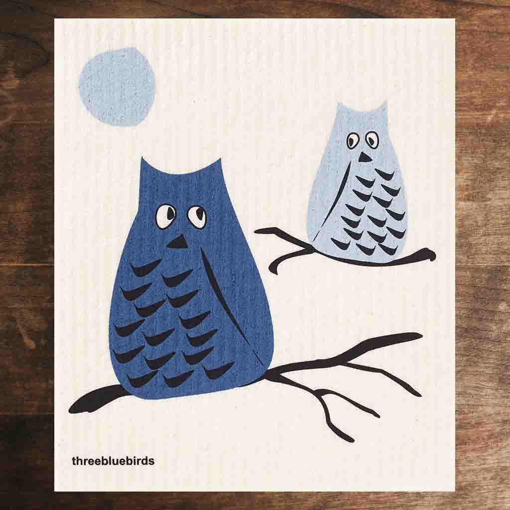 White Swedish Dishcloth with Blue Owls Pattern Front Side Eco-Friendly