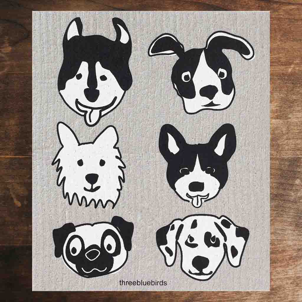 Grey Swedish Dishcloth with Black and White Dogs Pattern Front Side Eco-Friendly