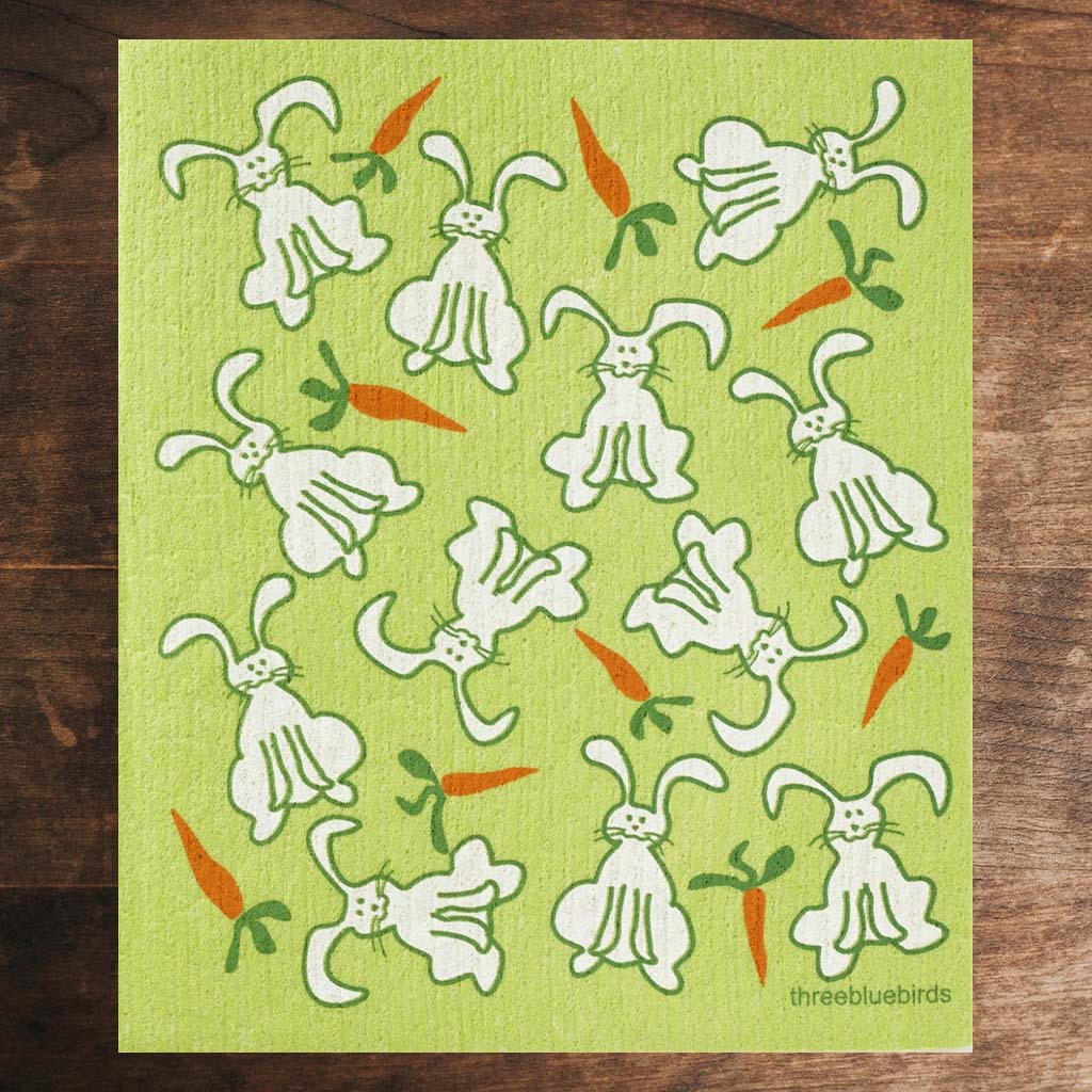 Green Swedish Dishcloth with White Bunnies and Orange Carrots Pattern Front Side Eco-Friendly
