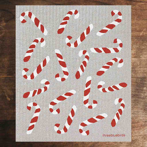 Grey Swedish Dishcloth with Red and White Candy Canes Pattern Front Side Eco-Friendly
