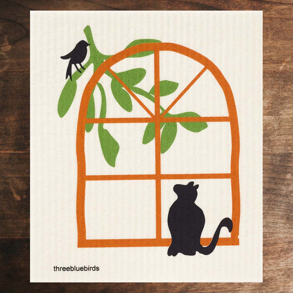 White Swedish Dishcloth Black Cat Looking Out Window at Tree and Bird Front Side Eco-Friendly