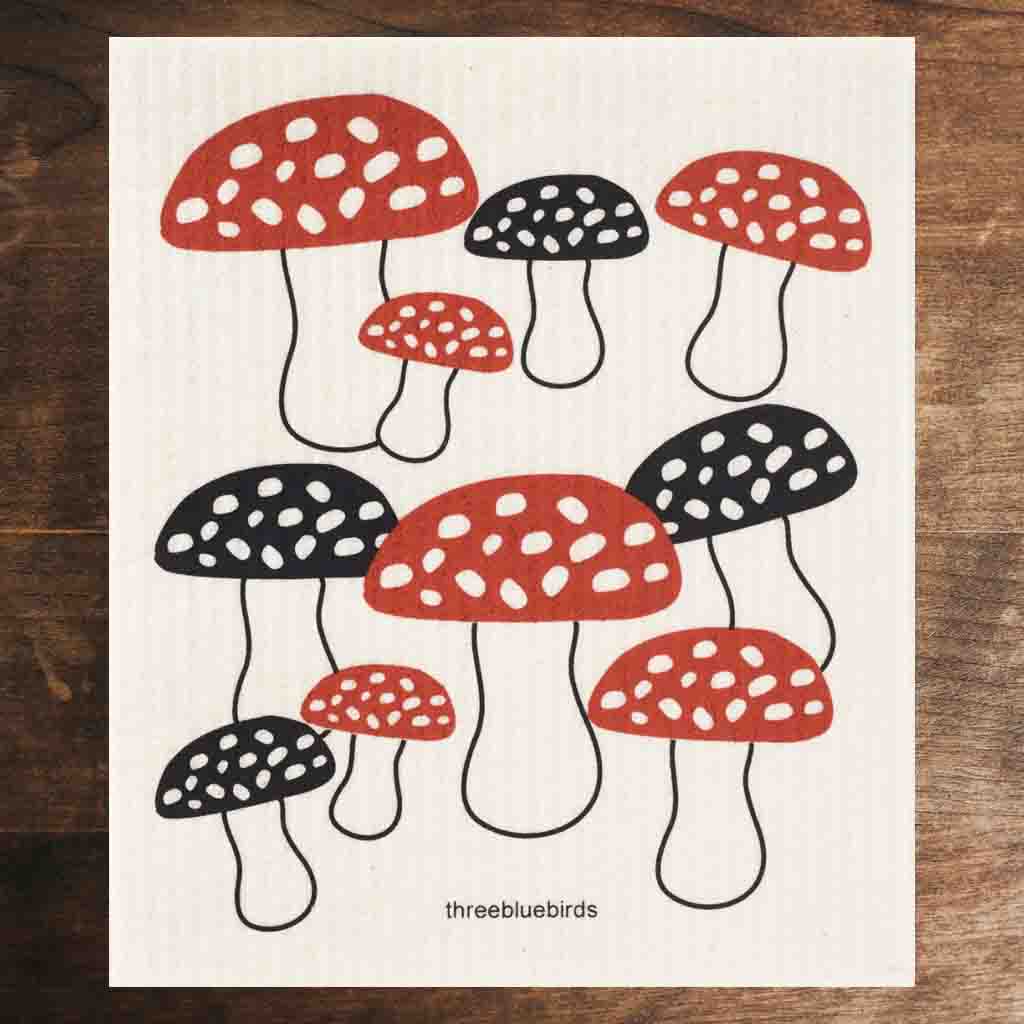 White Swedish Dishcloth with Red and Black Mushrooms Pattern Front Side Eco-Friendly