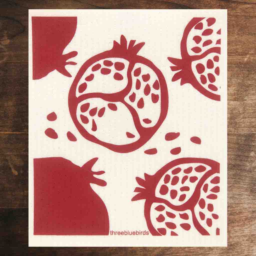White Swedish Dishcloth with Red Pomegranate Pattern Front Side Eco-Friendly