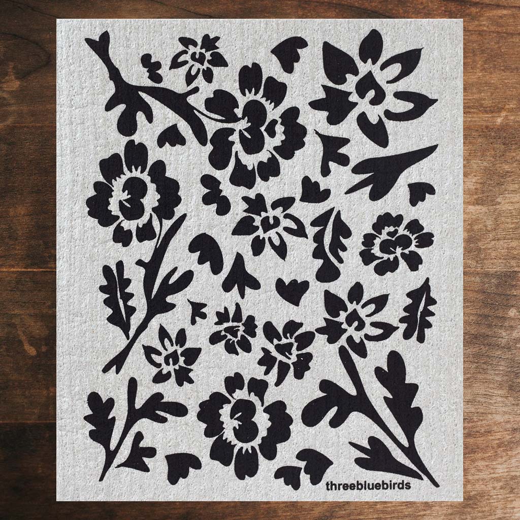 Grey Swedish Dishcloth with Black Flora Pattern Front Side Eco-Friendly