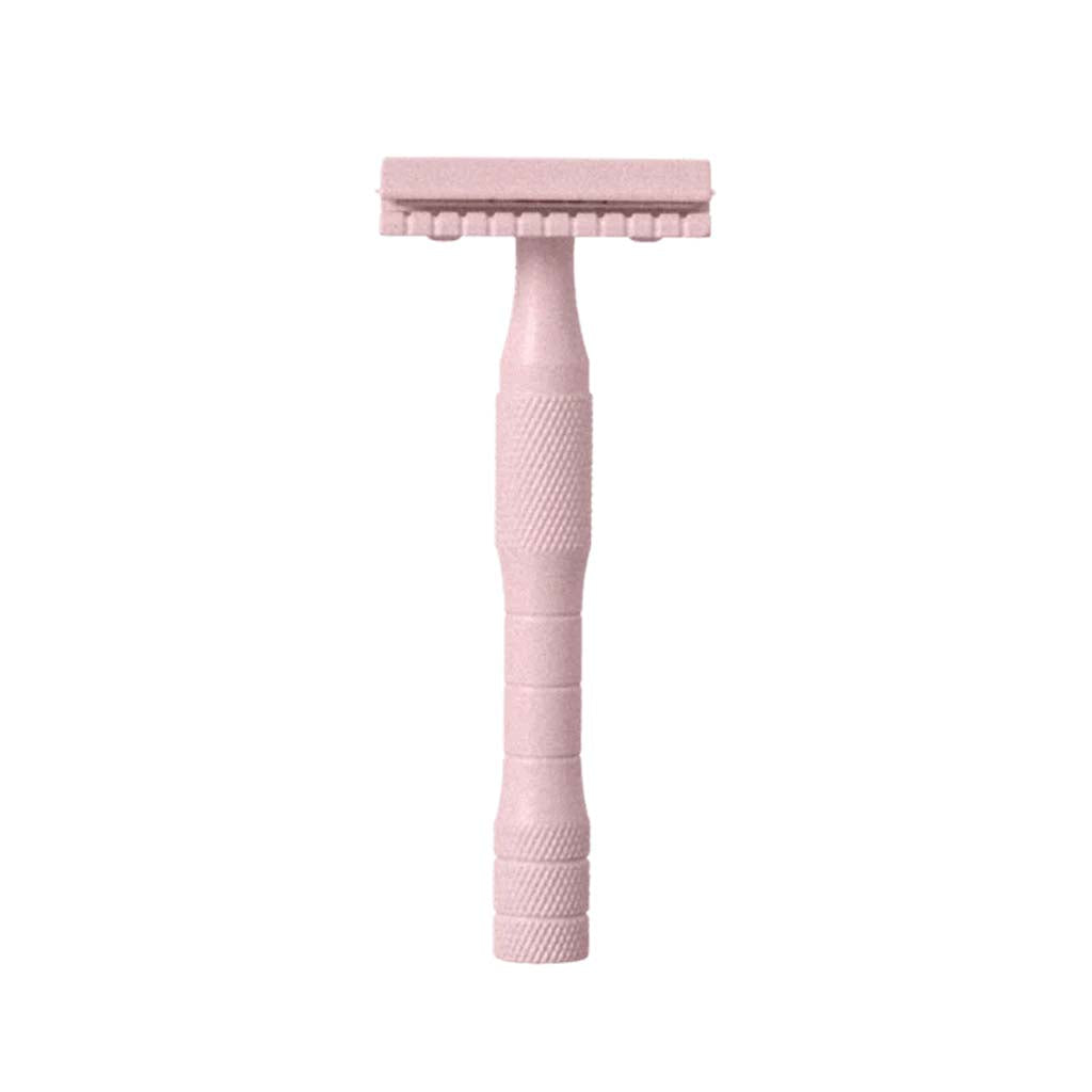 Safety razor. Weighty brass. Rose (light pink) color. Includes one stainless steel blade. Gives a smooth, irritation-free shave for every part of the body. Works with standard safety razor blades. Made in Canada. Woman-owned business.