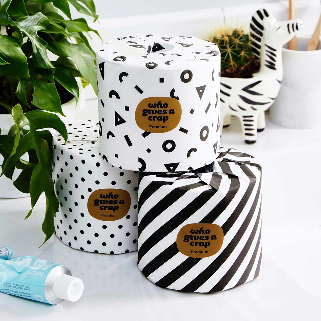 Who Gives A Crap Premium 100% Bamboo Toilet Paper, single roll. 370 sheets per 3 ply roll. Biodegradable. Wrapped in black and white recycled paper.