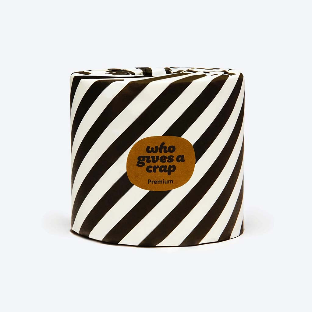 Who Gives A Crap Premium 100% Bamboo Toilet Paper, single roll. 370 sheets per 3 ply roll. Biodegradable. Wrapped in black and white recycled paper.